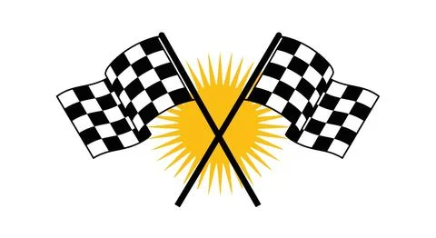 Two checkered flags crossed in front of a stylized sun, symbolizing victory.. Ilustração Stock