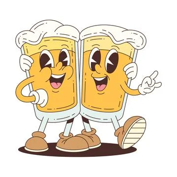 Two cheerful beer mascots with foamy caps, wearing gloves and boots, smiling  Stock Illustration