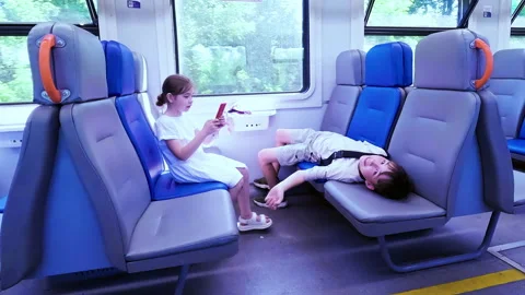 Two cheerful children having fun inside a passenger train Stock Footage 338321826
