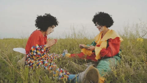 Two cheerful clowns sit in the field and divide dollars. Video stock 92183140