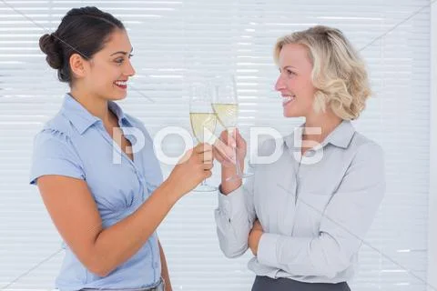 Two cheerful colleagues clinking their flutes of champagne Stock Photos