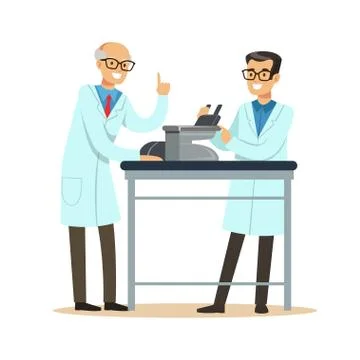 Two cheerful men scientists at workplace doing microscope research Stock Illustration