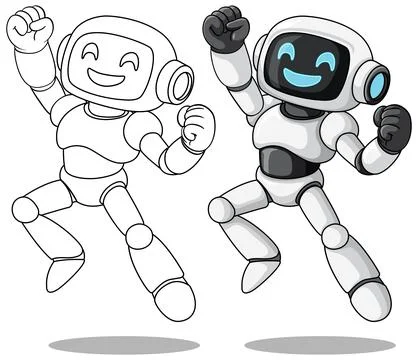 Two Cheerful Robots Jumping with Raised Fists Stock Illustration