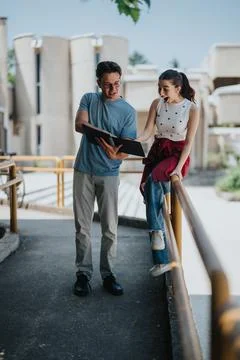 Two cheerful students reviewing documents outdoors during a pleasant day Foto stock