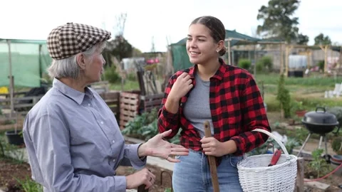 Two cheerful young and old female neighbors standing with busket and talking Stock Footage 253761216