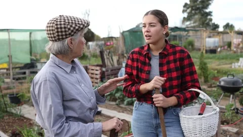 Two cheerful young and old female neighbors standing with busket and talking Stock Footage 275003516