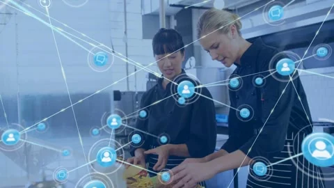 Two chefs assembling plates and fries as blue node appearing then expanding Stock Footage 332577510