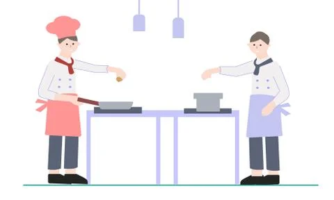 Two chefs prepare a dish in the kitchen, vector graphics Stock Illustration