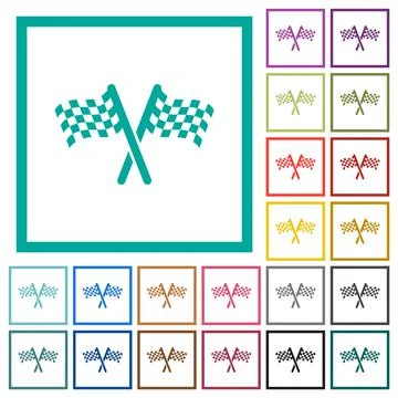 Two chequered flags flat color icons with quadrant frames Stock Illustration