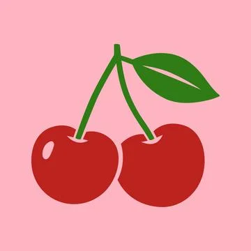 Two cherries with green leaf on pink background. Flat vector fruit illustration Illustrazione stock