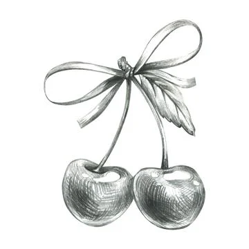 Two cherries with large ribbon bow in monochrome realistic style, hand drawn Illustrazione stock