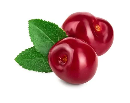 Two cherries with leaf closeup isolated on white background Foto stock