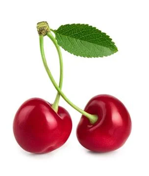 Two cherries with leaf closeup isolated on white background Foto stock