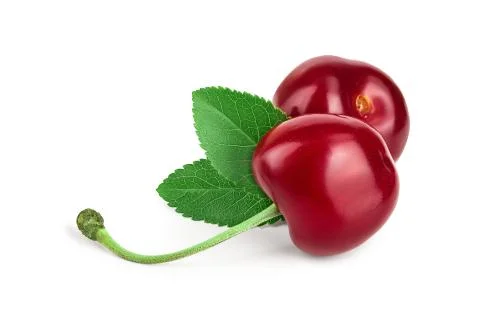 Two cherries with leaf closeup isolated on white background Foto stock