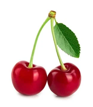 Two cherries with leaf closeup isolated on white background Foto stock