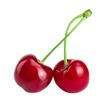 Two cherries with leaf closeup isolated on white background Foto stock