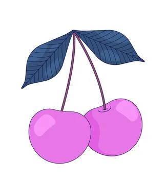 Two cherries with leaves and stems 2D cartoon object イラスト素材