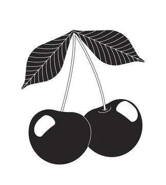 Two cherries with leaves and stems 2D black filled line object イラスト素材