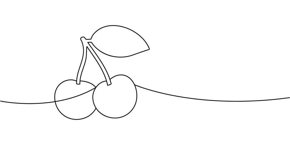 Two cherries with stem and leaf continuous line drawing. Minimal one line vector Stock Illustration