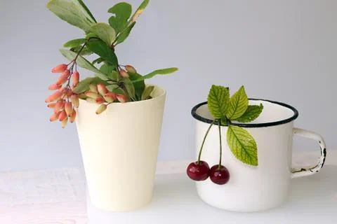 Two cherry with leaves hanging on white mug Stock Photos