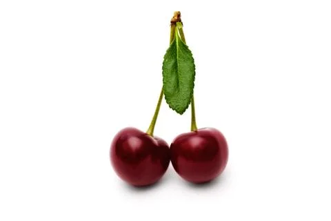 Two cherry with leaves isolated on white background. Stock Photos