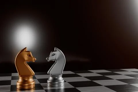 Two chess knights facing each other on a chessboard with a dark background Illustrazione stock