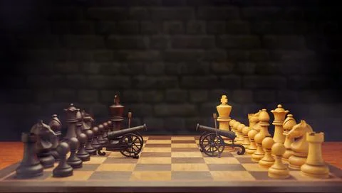 The two chess pieces are going to war. They both use cannons as their weapons Stock Illustration