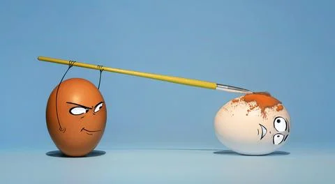 Two chicken eggs on a blue background, brown paints white with a brush, wit.. Stock Photos