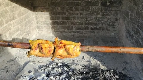 Two chickens roasting on a spit on coals Stock Footage 234201903