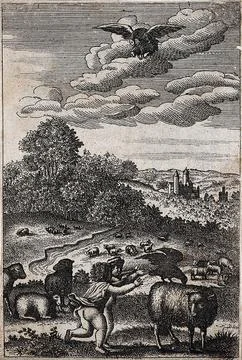 Two children are running towards a sheep with a crow on its back while an e.. Stock Illustration