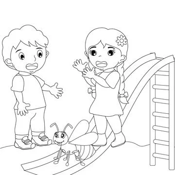 Two children are scared of an ant Stock Illustration