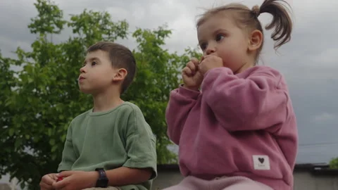Two children are sitting outside eating cherries freshly picked from the garden Stock Footage 246493381