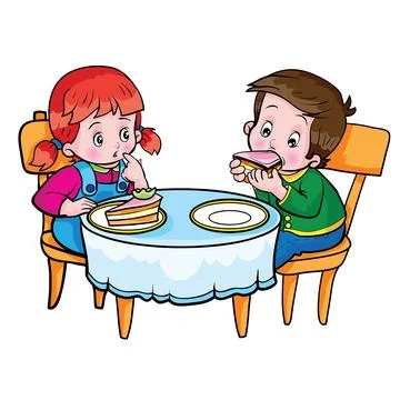 Two children are sitting at a table with a blue tablecloth. Stock Illustration