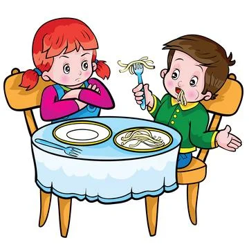 Two children are sitting at a table with a plate of spaghetti. Stock Illustration
