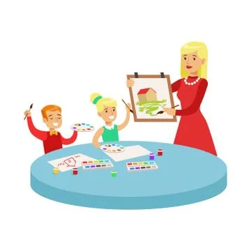 Two Children In Art Class Drawing Cartoon Illustration With Elementary School Stock Illustration