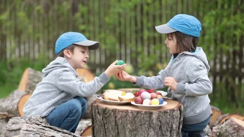 Two children, boy brothers, having fun with easter eggs in the park Stock Footage 74730613