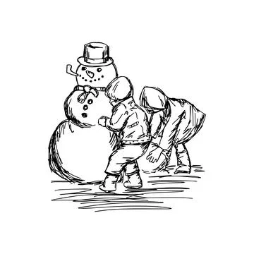 Two children building a snowman vector illustration sketch hand drawn with bl Stock Illustration