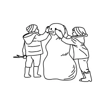 Two children building a snowman vector illustration drawing with black outlin Stock Illustration