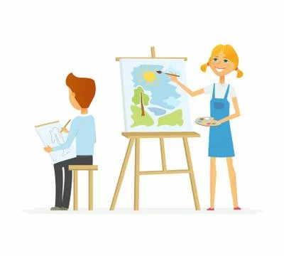 Two children drawing in class - cartoon people characters isolated illustration Stock Illustration