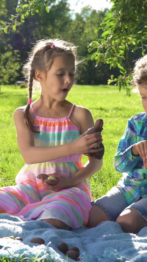 Two children having fun and eating chocolate easter eggs in garden Stock Footage 264963378