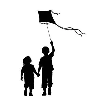 Two Children Holding Hands Flying a Kite Together in an Open Space Stock Illustration