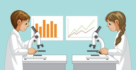 Two children in lab coats use microscopes beside bar and line graphs in scien Stock Illustration