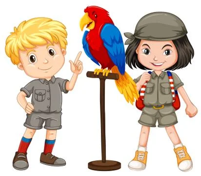 Two children with parrot pet Stock Illustration