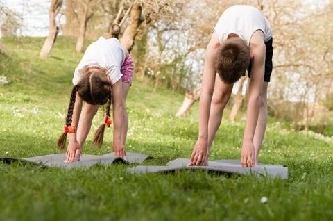 Two children perform forward bends on yoga mats in a sunny park setting. A pe Fotos de archivo