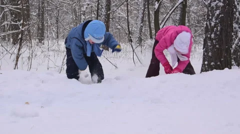 Two children play in the forest. Slow motion Video stock 68516259