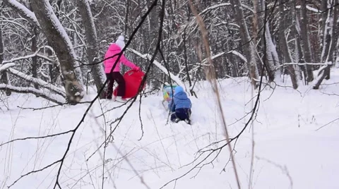 Two children play in the forest. Slow motion Video stock 68516380