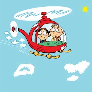 Two children playing, boy and girl flying in a helicopter Stock Illustration