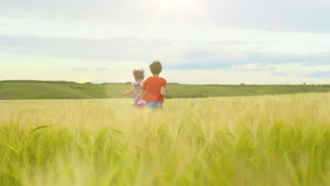 Two Children Running Through a Wheat Field. Video stock 302537153