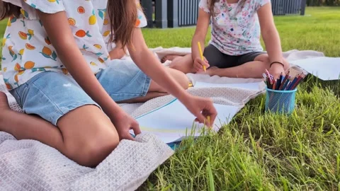 Two children sit on a picnic blanket in a park. One child uses colored pencils Stock Footage 341490654