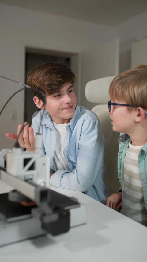 Two children sit at a table chatting near 3D printer to printing a part Stock Footage 335391575
